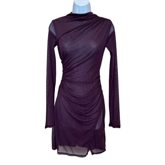 LAPOINTE Wine Red Mesh Bodycon Mini Dress XS Long Sleeve Slinky Cocktail $950 - Picture 4 of 11